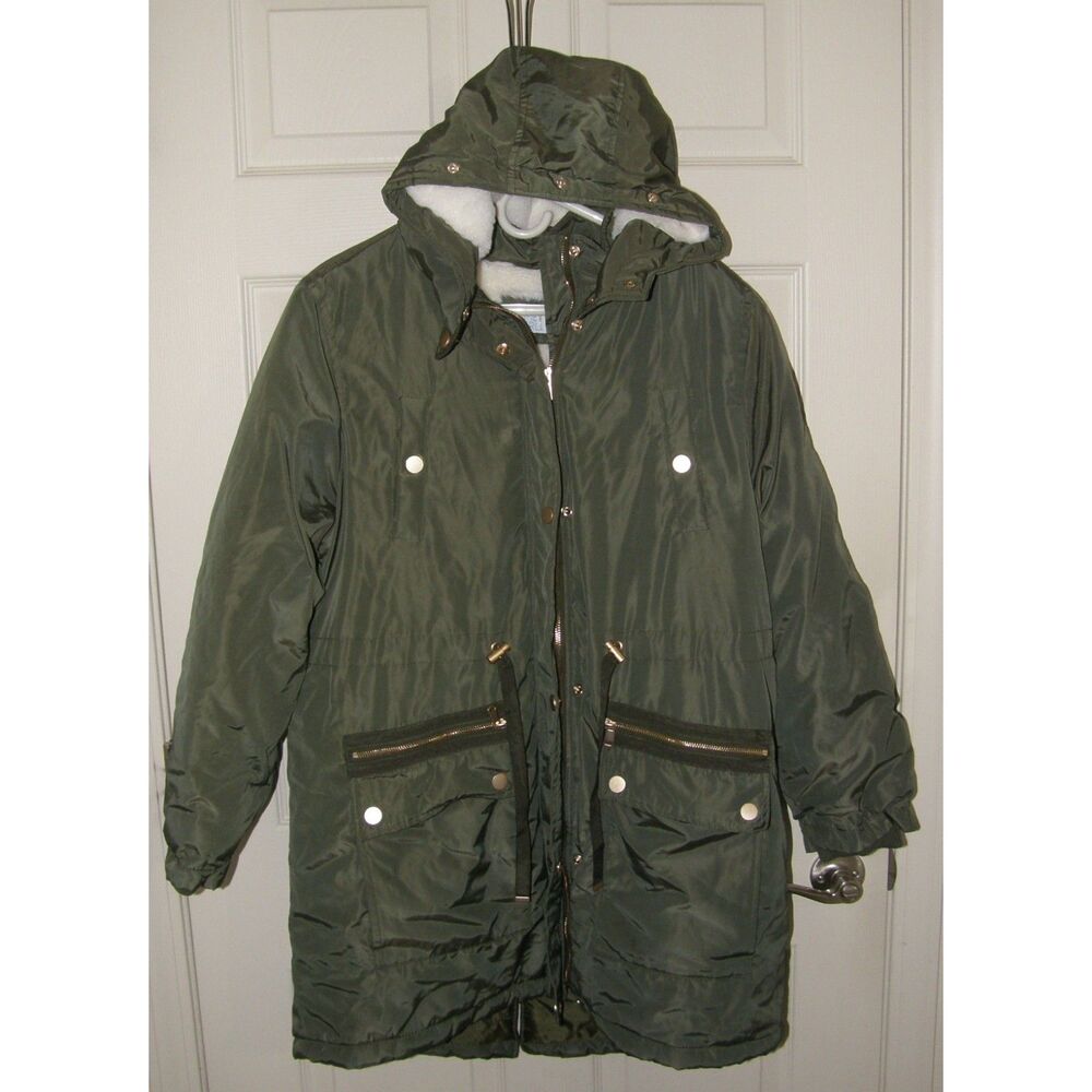 TIME & TRU Army Green Sz Large (12-14) Full Zip Hooded Utility Coat Pockets